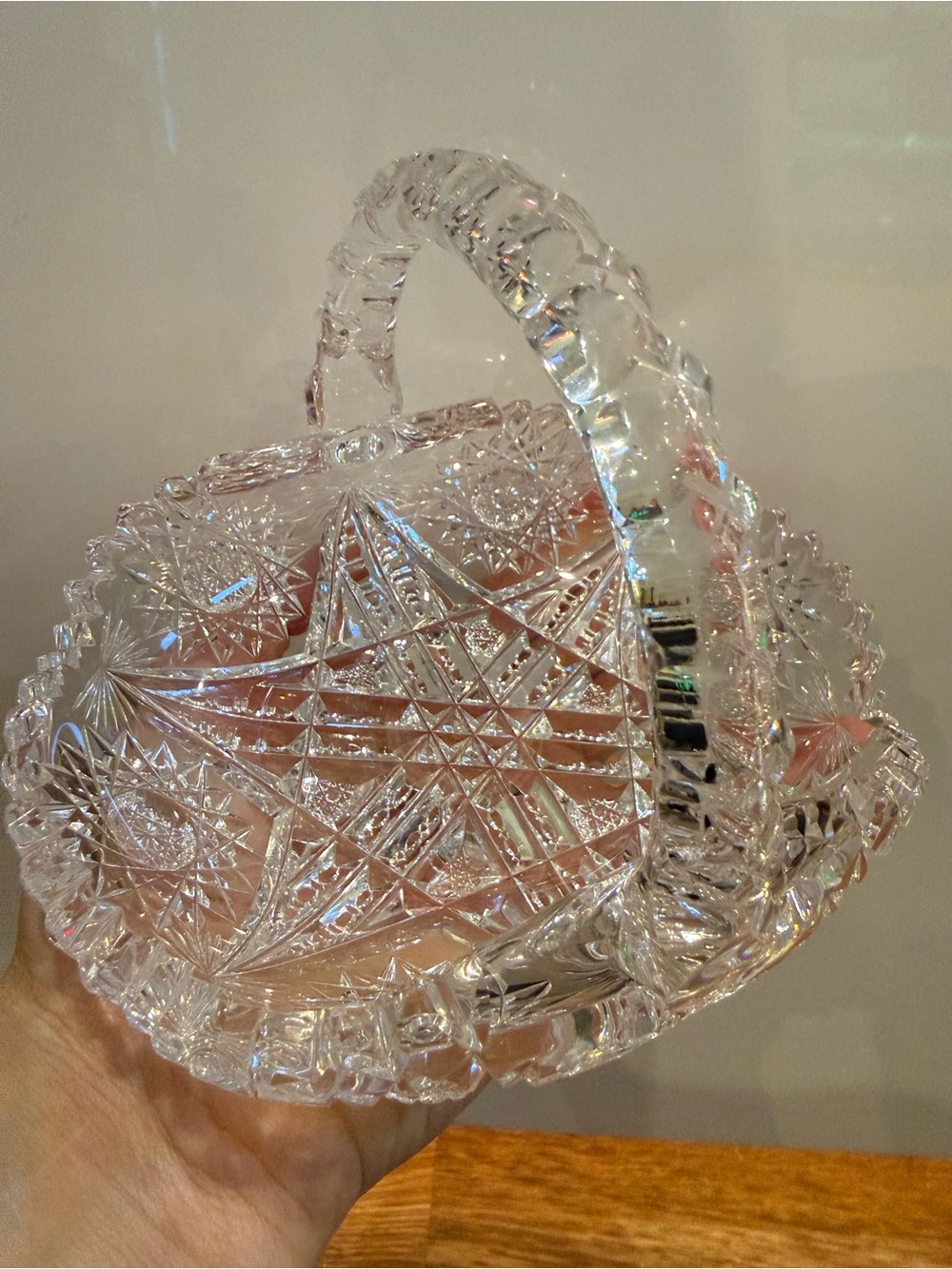 American Brilliant Cut Glass Basket with unique Handle  and heavy NEW never used